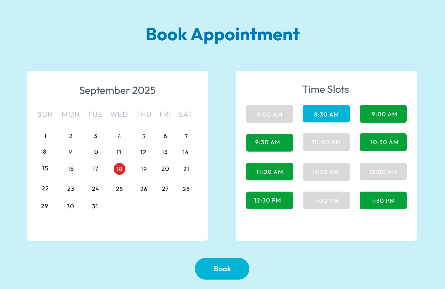 The booking appointment screen of InsureCare