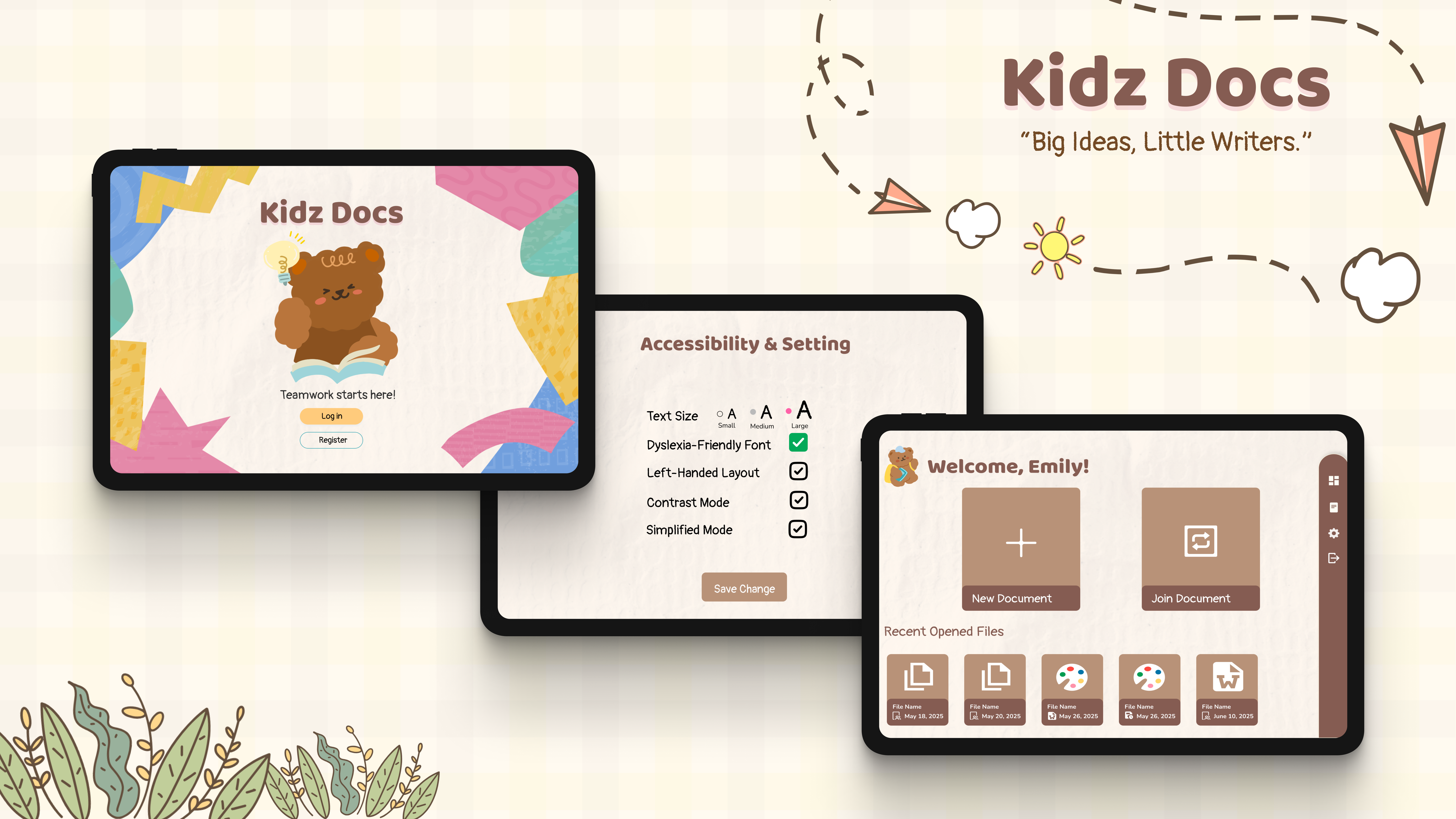 KidzDocs app interface showing interactive learning features for children with special needs