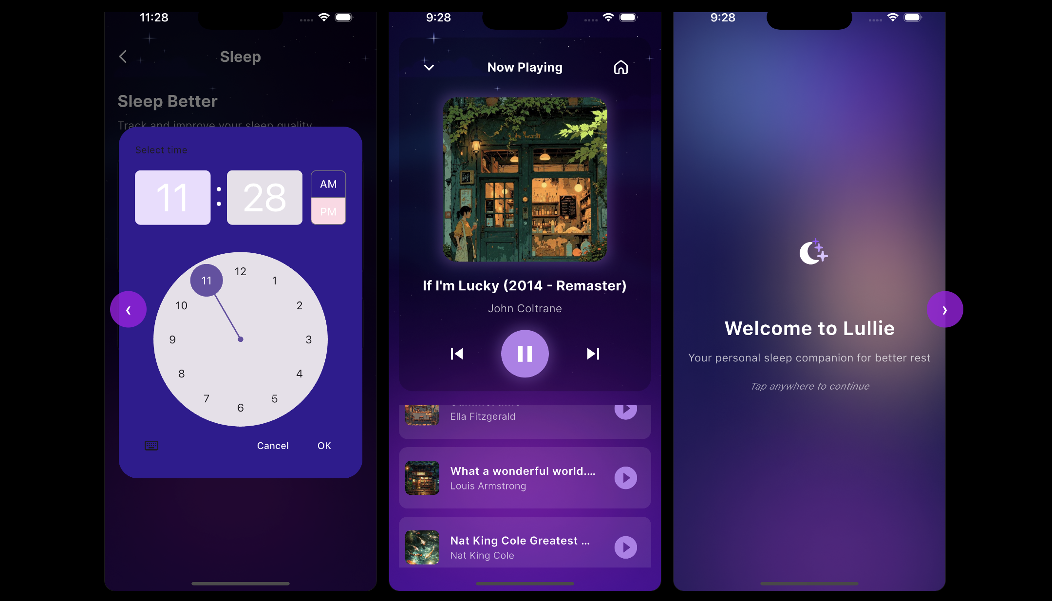 Lullie music app interface designed for insomnia patients with calming features