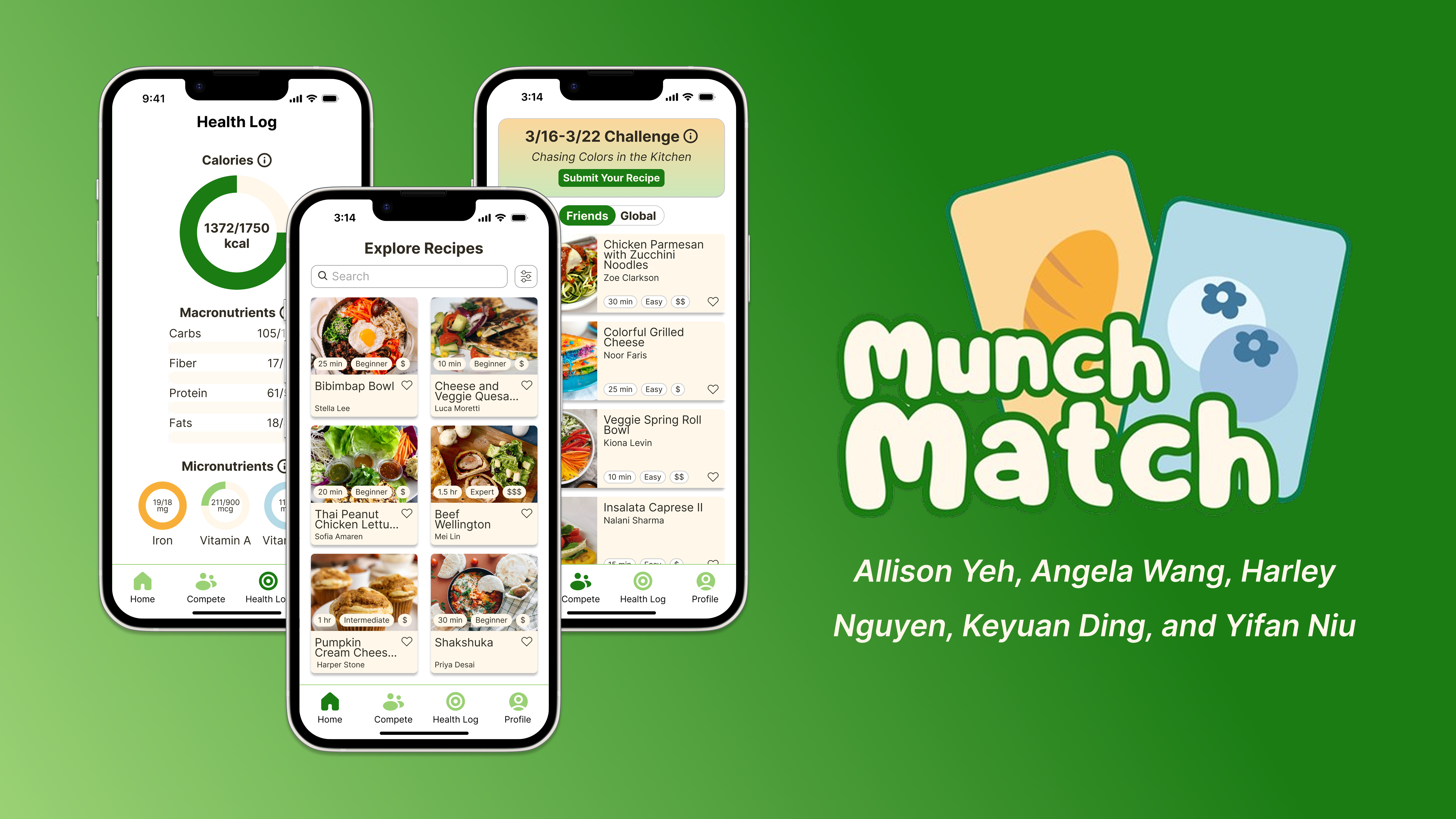 MunchMatch mobile app interface showing meal planning features for busy adults
